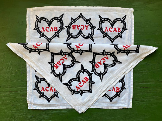 Black and Red ACAB Heart Block Print on White Vintage Handkerchief
