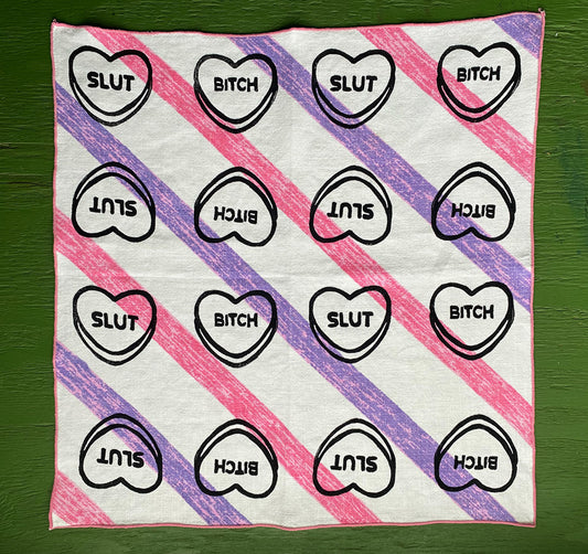 Purple Pink and White Vintage Handkerchief printed with Black "Sl*t" and "B*tch" Conversation Hearts Block Print