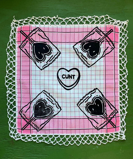 Vintage Pink Checkered Handkerchief with Crocheted Edge Printed with Linocut Lollipops and C*nt Conversation Heart
