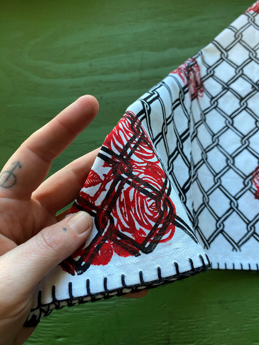 White Cotton Bandana with Black Thread Hemmed Edge with Red Rose and Black Chain Link Block Print - LIMITED PRE-ORDER