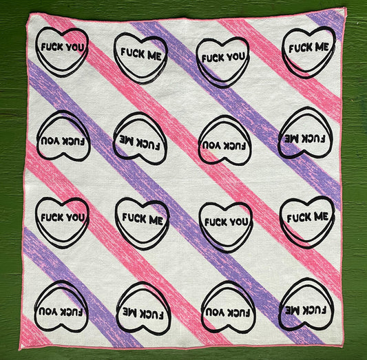 White with Pink and Purple Diagonal Stripes Handkerchief Printed with Black "F*ck Me" and "F*ck You" Conversation Heart Block Print